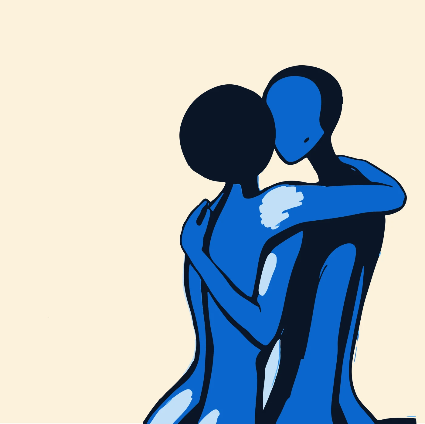 Two figures in blue, foreheads touching, held in an embrace