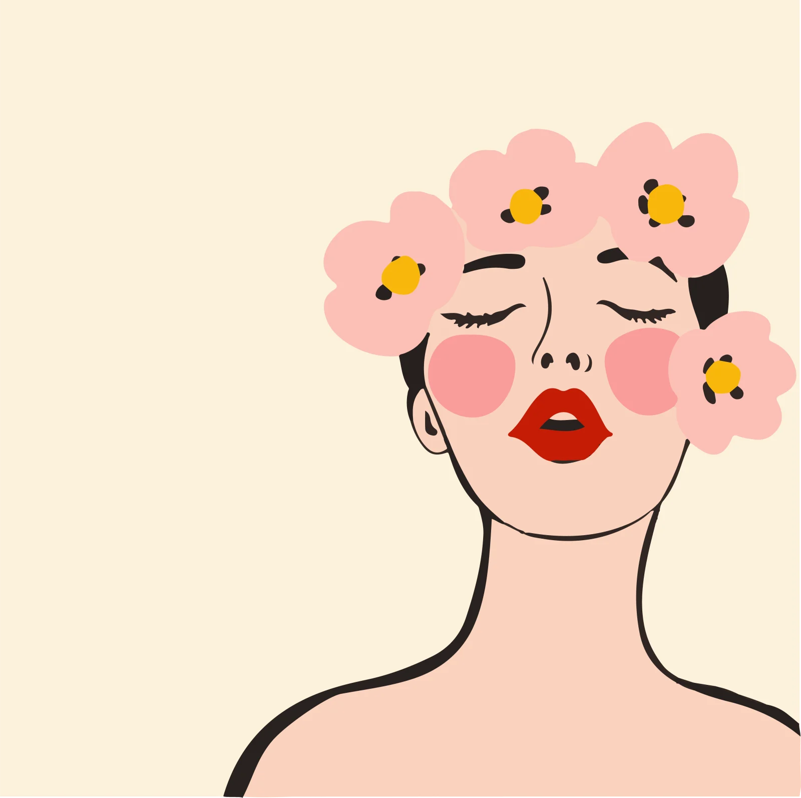 A figure with closed eyes and a flower crown, mouth open in song