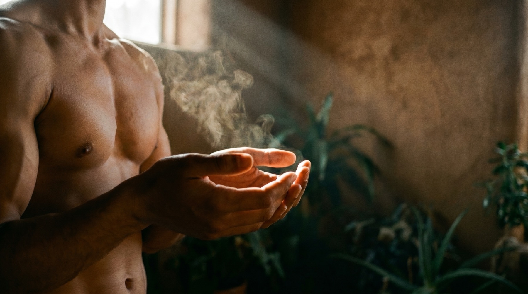 A lotus cradled in cupped hands, warm shaft light