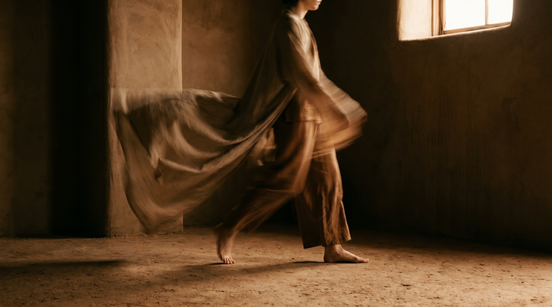 A figure walking through a clay-walled room, motion blur trailing