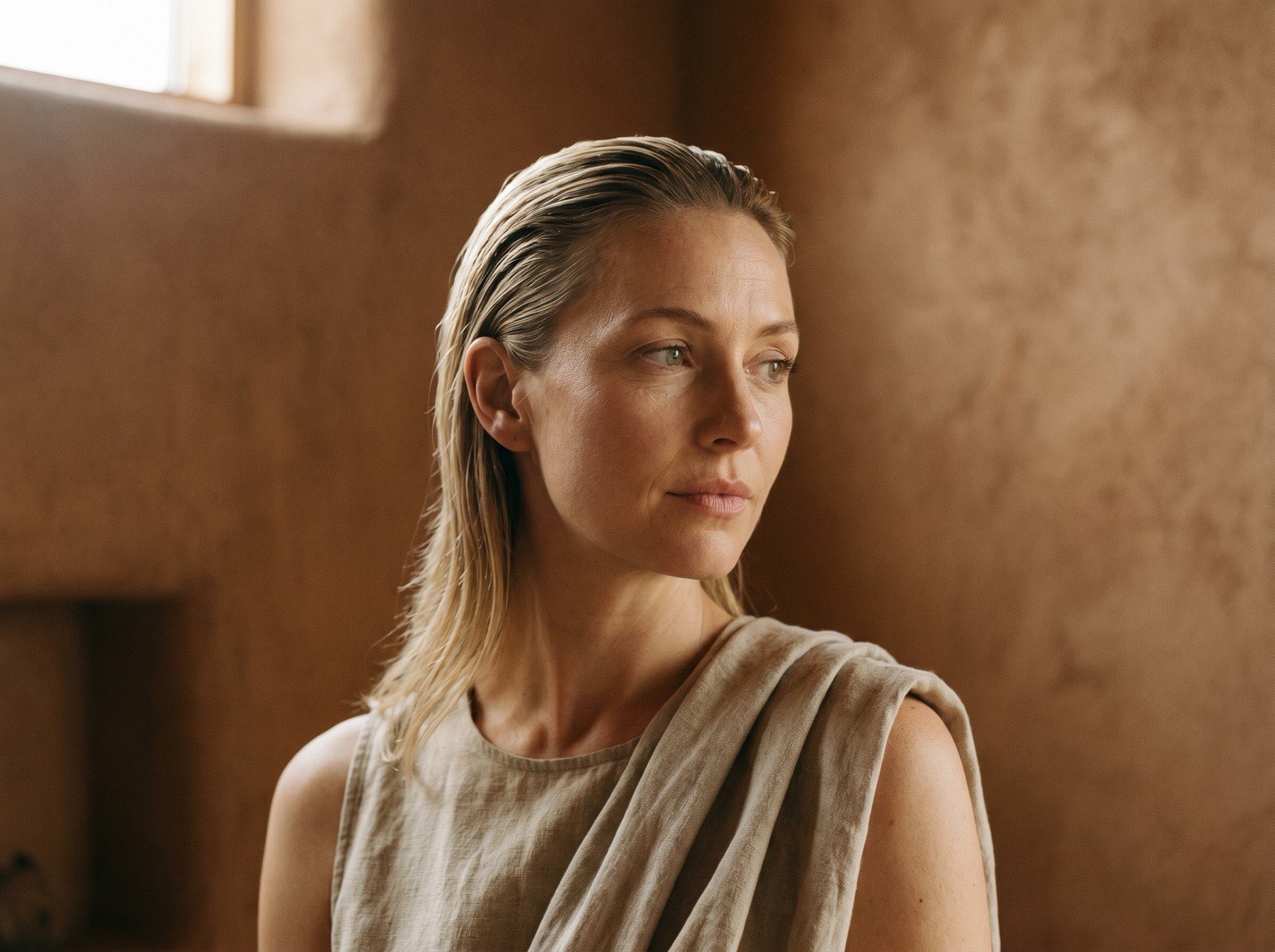 A practitioner in warm window light, draped linen at shoulder