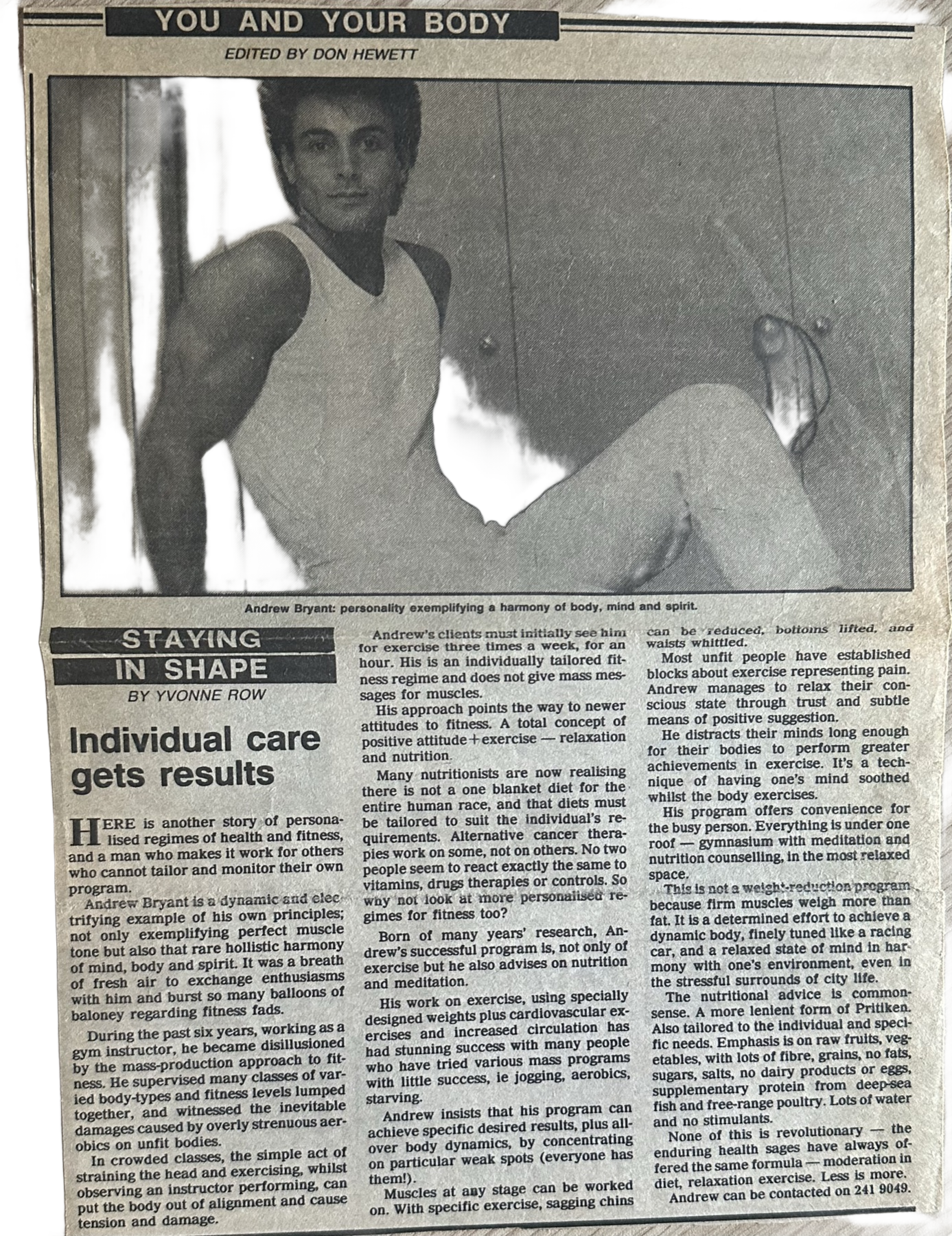 Newspaper clipping about individual care in personal training