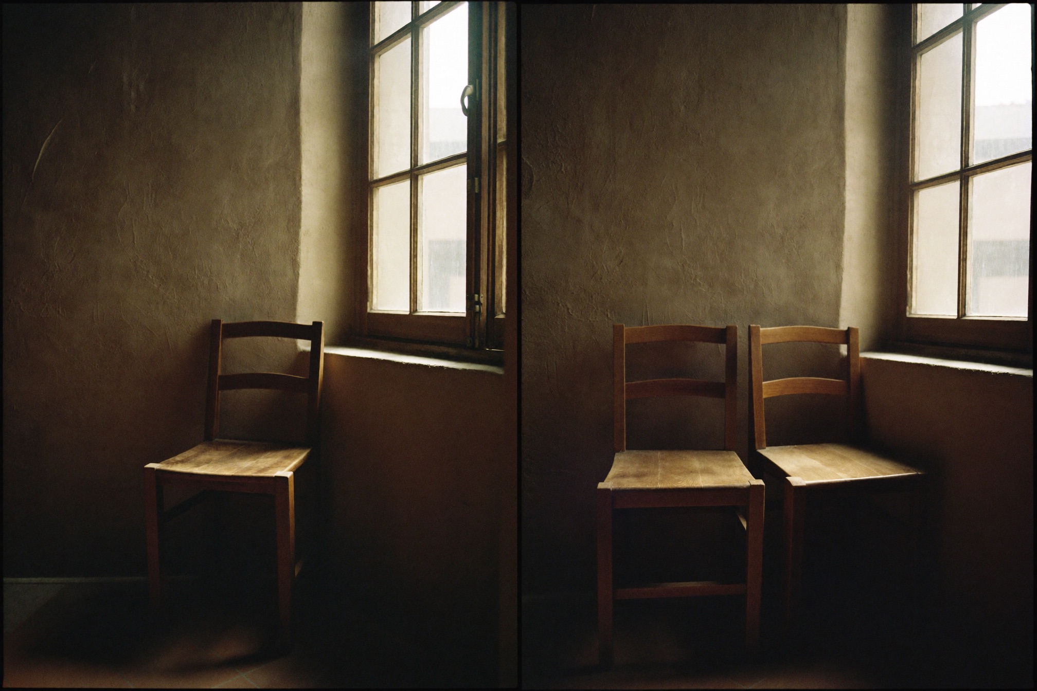 Two frames of the same corner: one wooden chair alone by the window, then two chairs side by side